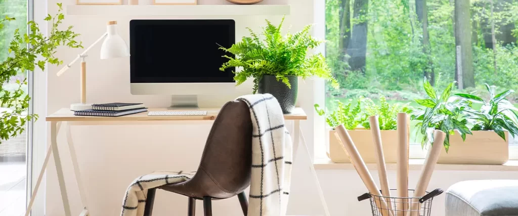 Shelves with illustrations above a wooden desk with computer by a window in a natural, white home office interior