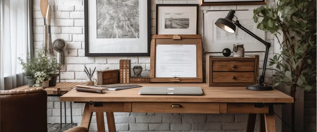 A close up of a straightforward office setting featuring a copy area, a mock up frame, a painting brush, and a glass vase on a white desk with a modern rustic background.