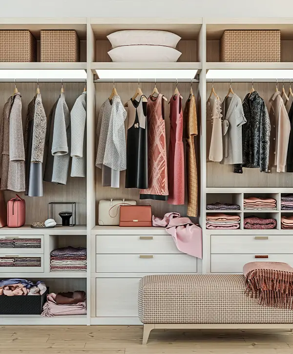 Wardrobe filled with clothes in shelves and on hangers.