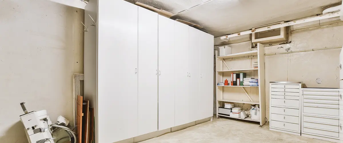 Custom garage cabinets with wood finish for tool storage and organization