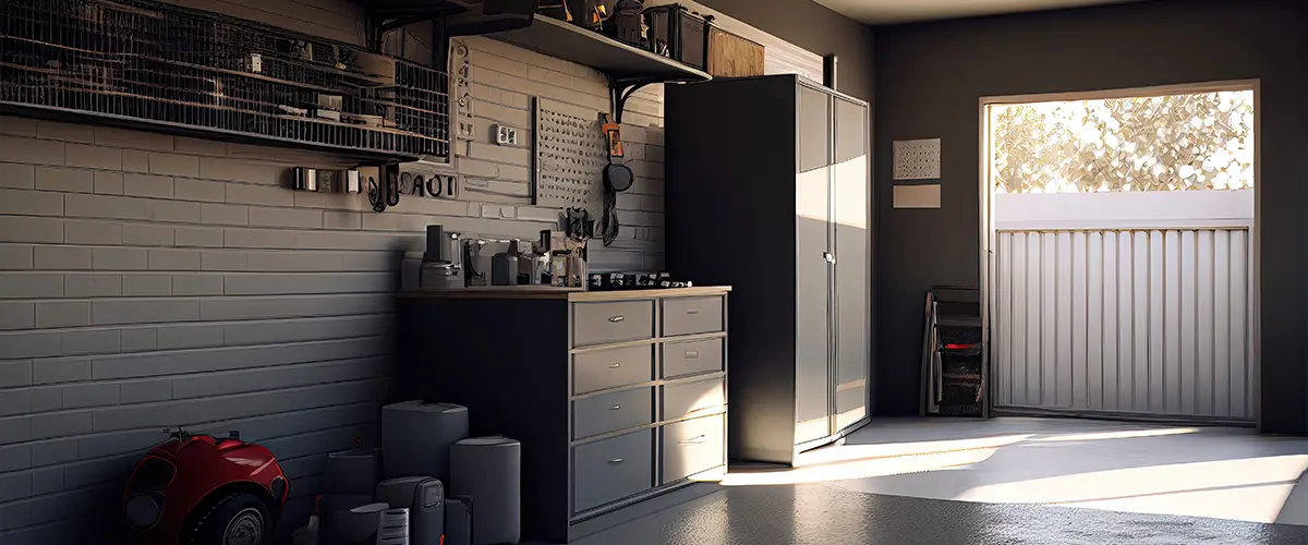 Custom garage closet with shelves, drawers, and slatwall for organized storage