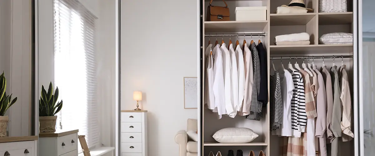 Closet with clothes, shoes, and mirror for choosing outfit