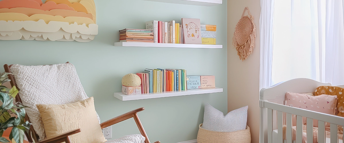 A bright and airy nursery with pastel walls, floating shelves for books