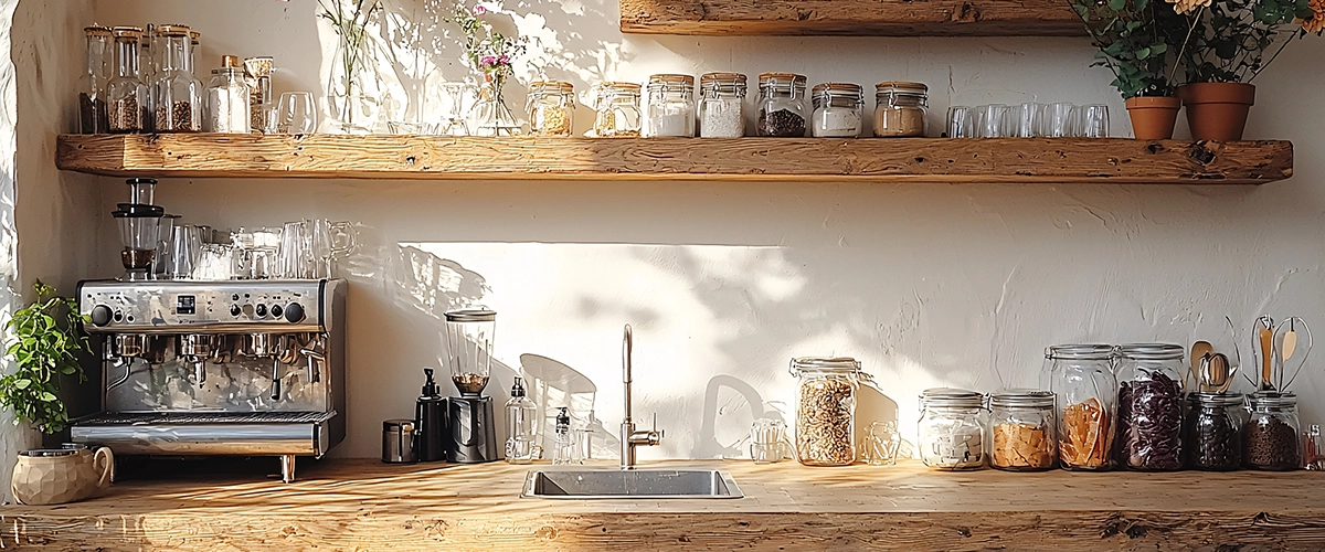 A kitchen with a polished bar counter, a stylish sink