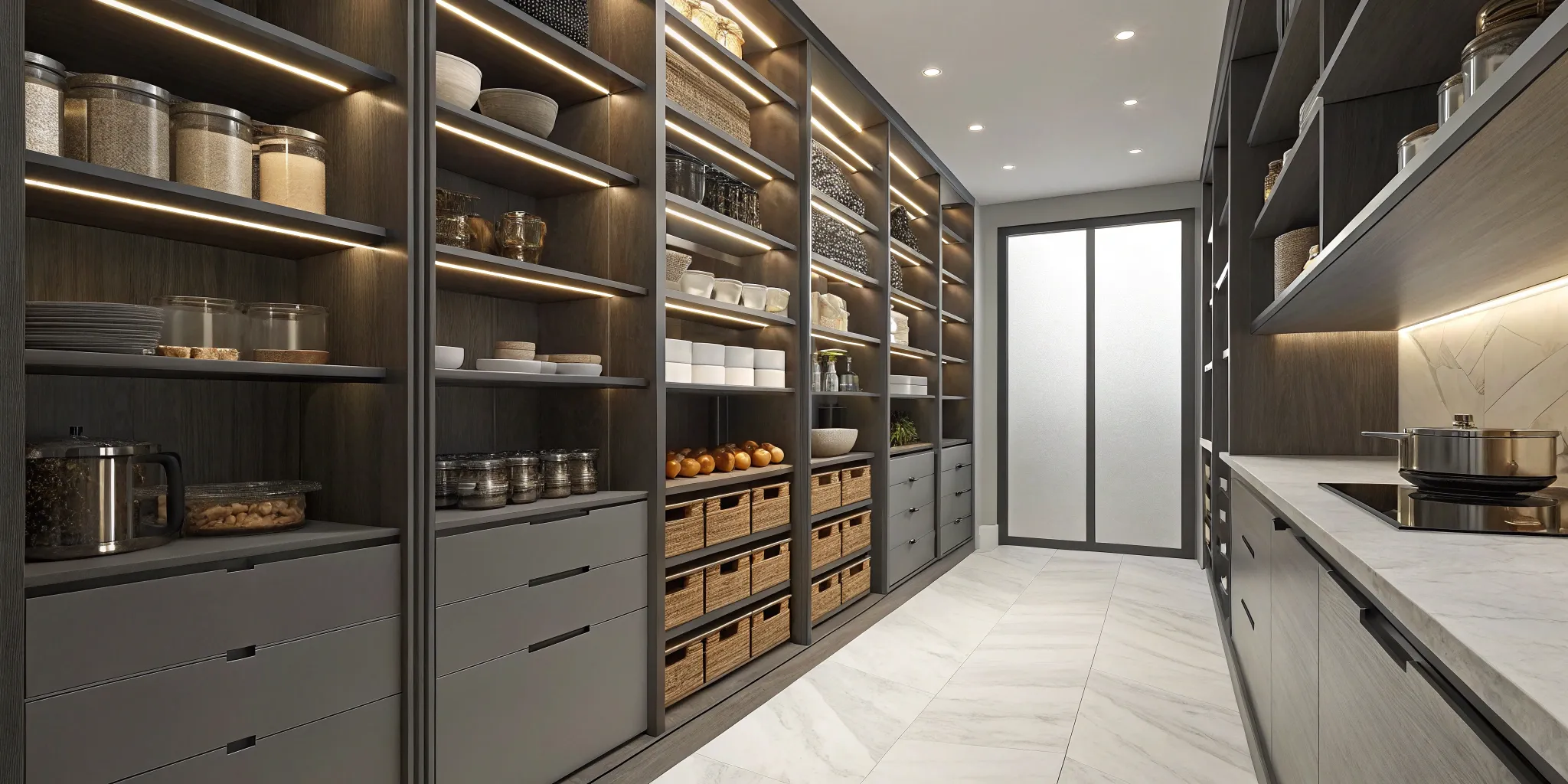A walk-in pantry shelving idea with floor-to-ceiling shelves, organized bins, and storage baskets.
