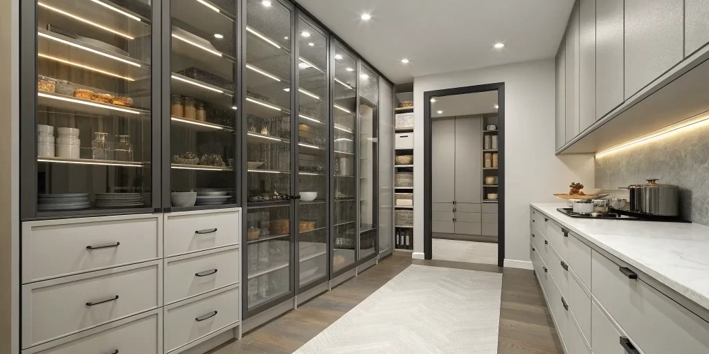 Walk-in pantry organization ideas with pull-out drawers, tiered shelves, and labeled clear containers.