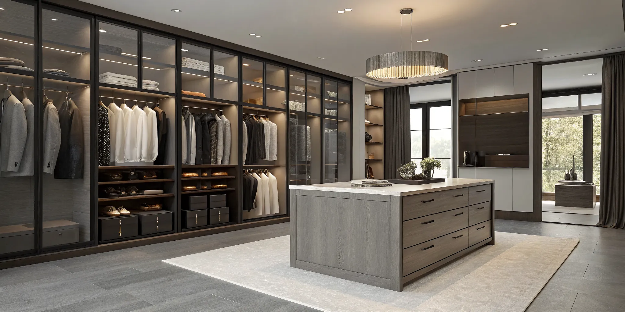 A well-lit master closet featuring a large island with drawers for organization.