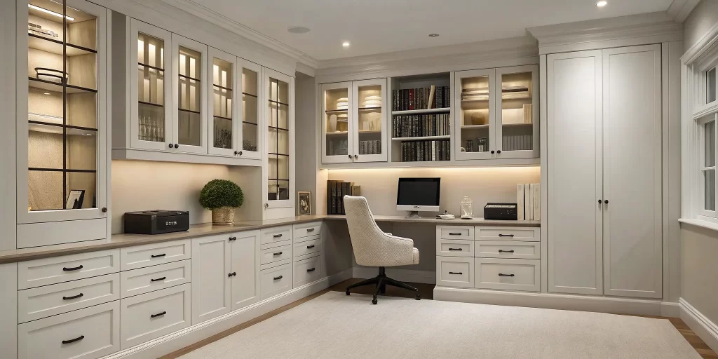 Home office with custom built-in cabinets and an integrated desk creating an organized workspace.