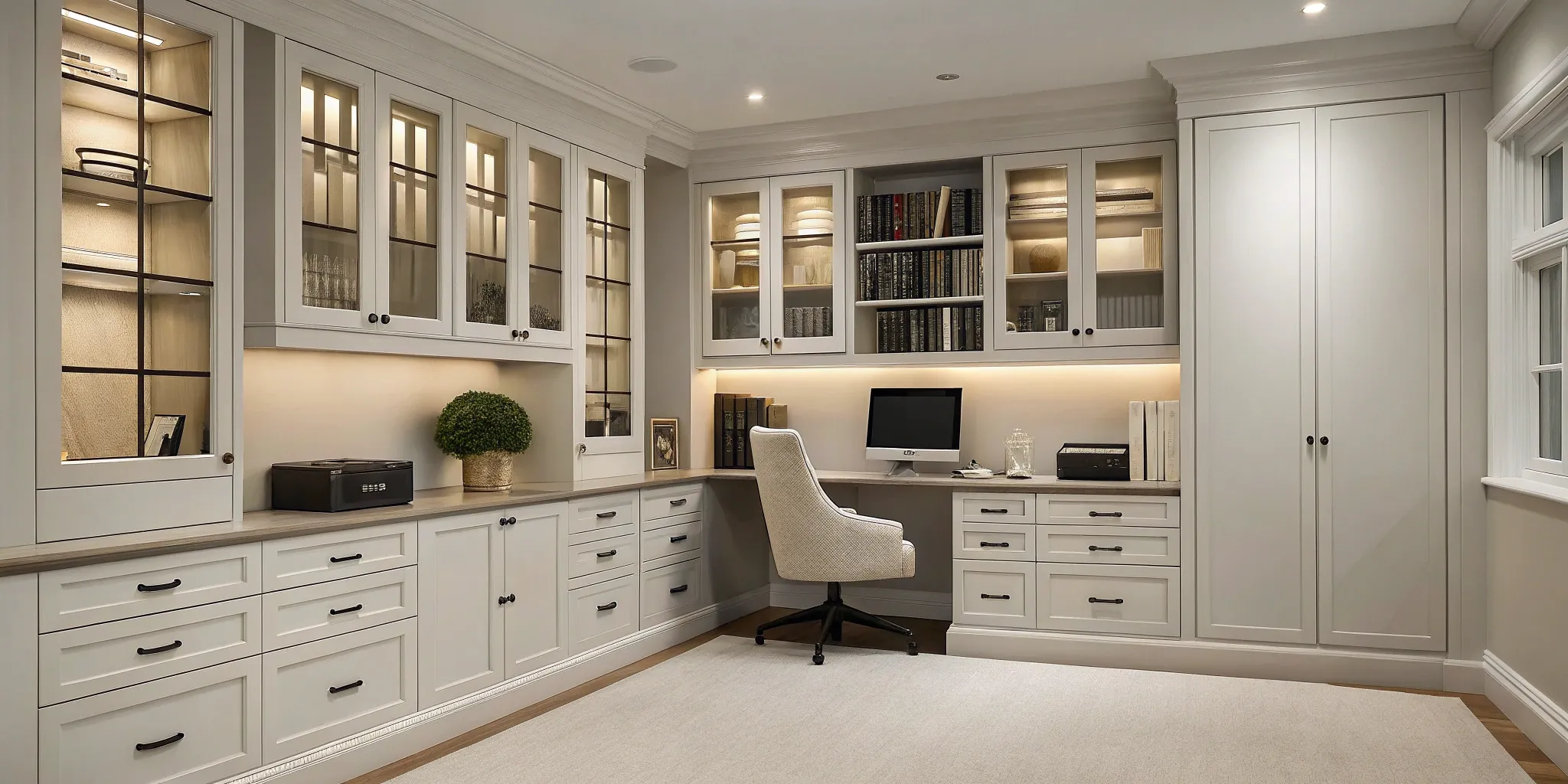 Home office with custom built-in cabinets and an integrated desk creating an organized workspace.