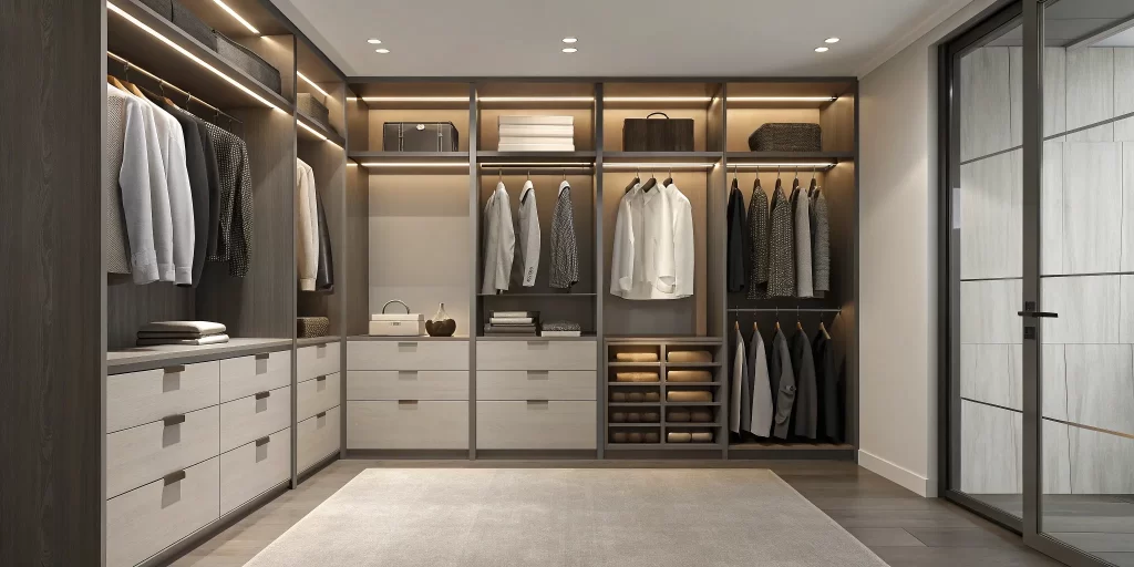 A modern walk-in closet system with organized shelves, drawers, and hanging rods.