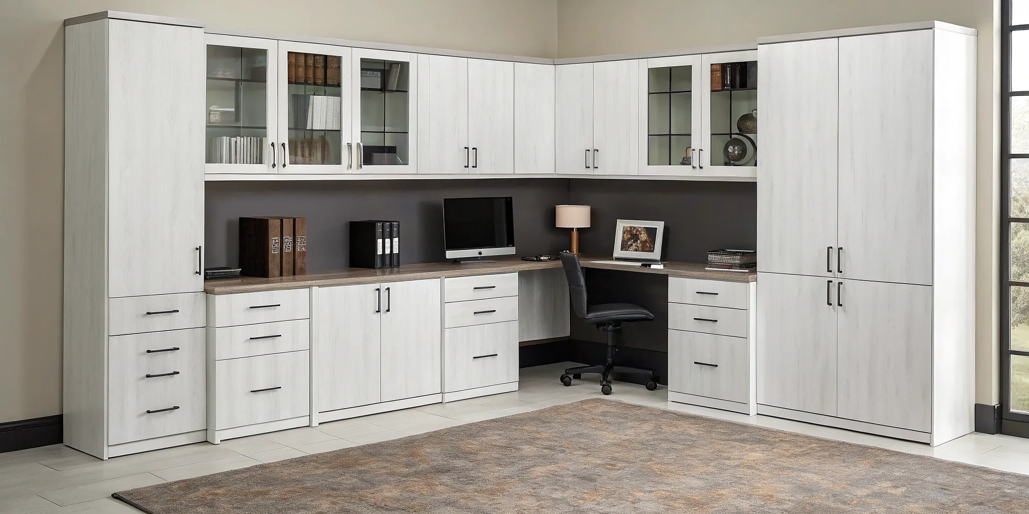 Custom office cabinets designed for a modern workspace with an integrated desk and storage.
