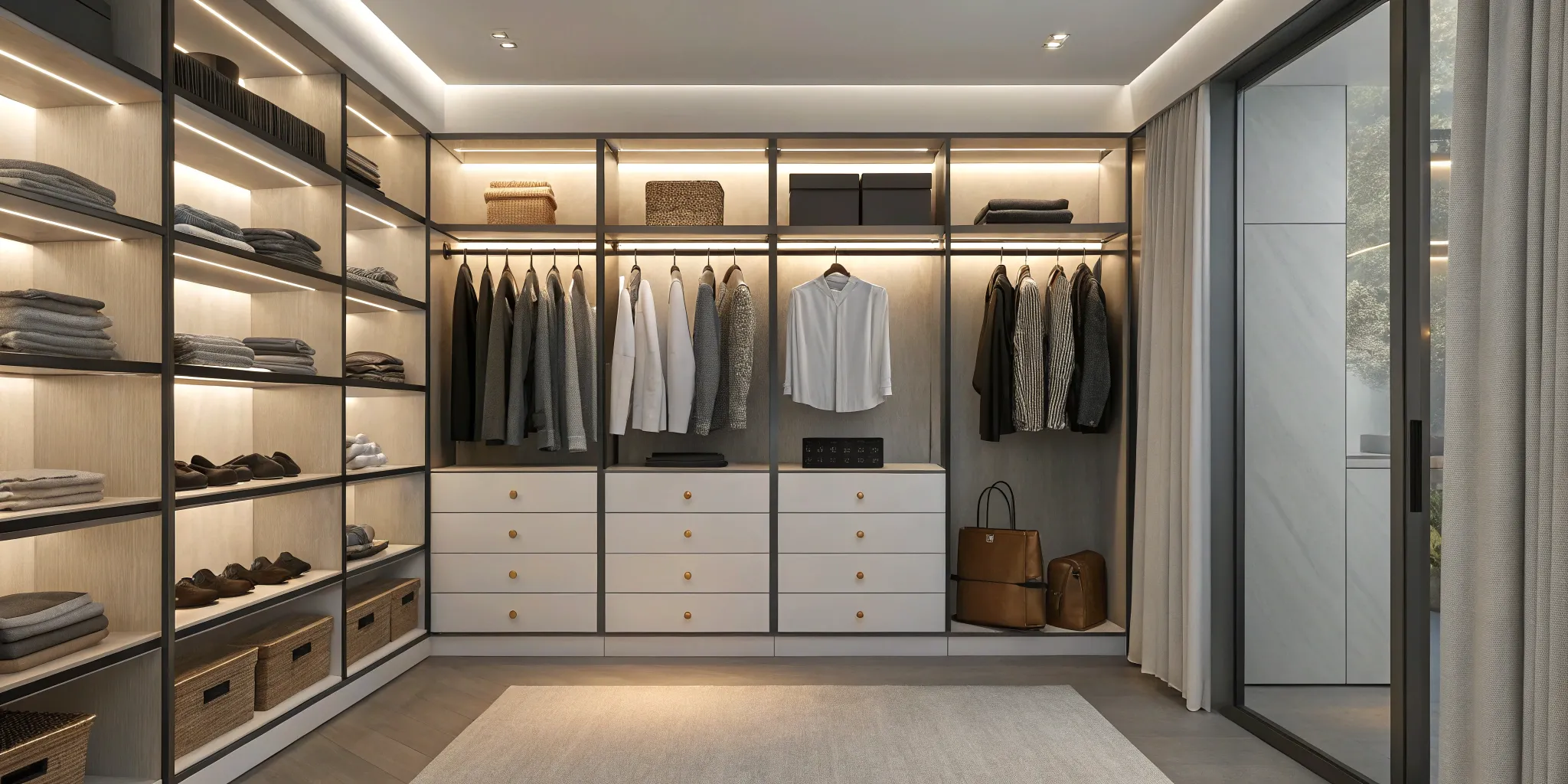 Custom closet shelving system in a modern walk-in with drawers and organized hanging space.