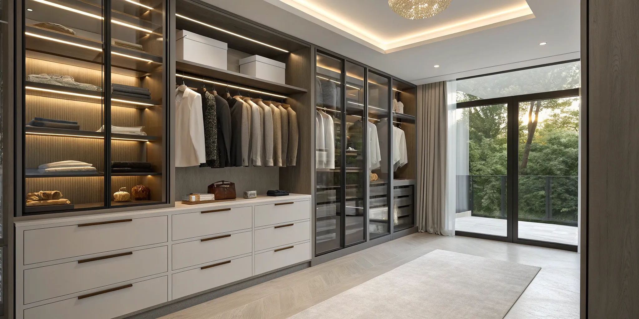 A well-organized custom closet design with modern glass doors and integrated lighting.