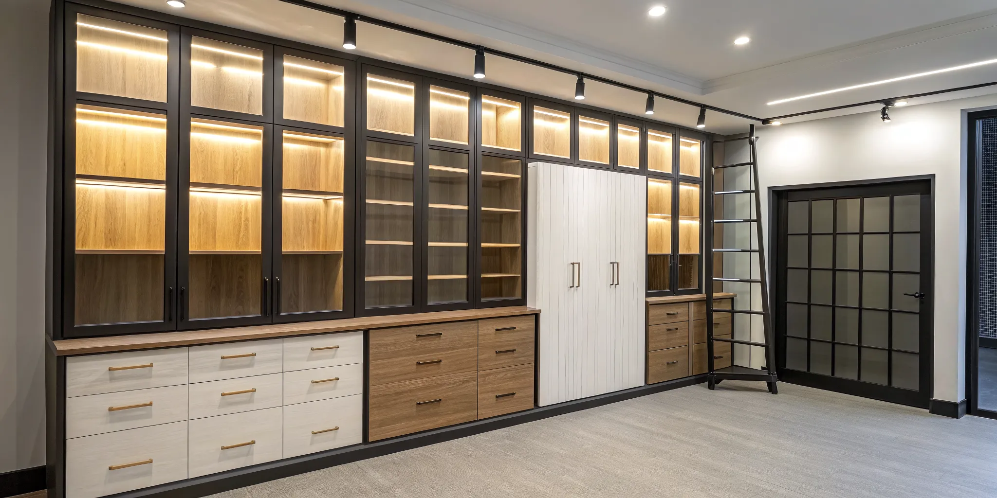 A modern home office with built-in cabinets, glass doors, wood drawers, and integrated lighting.