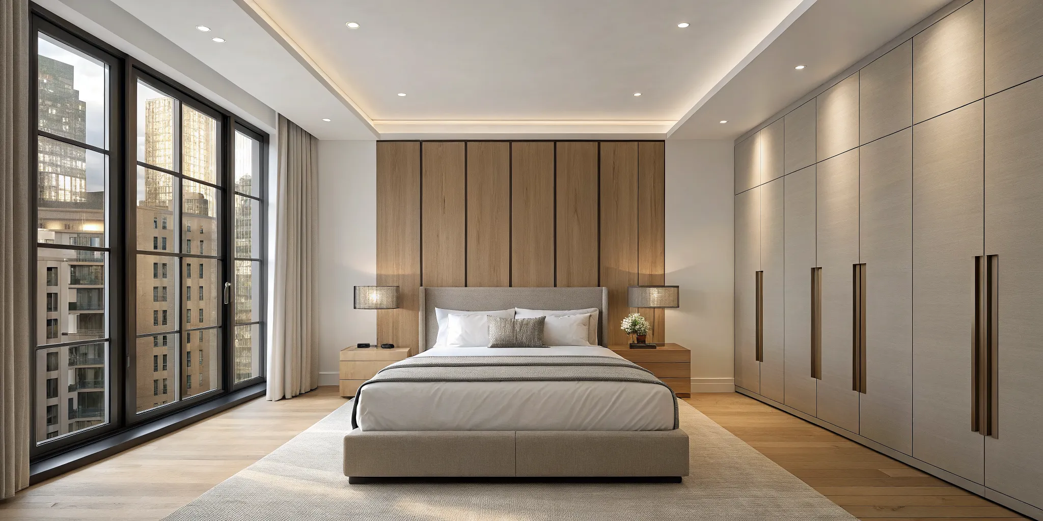 Modern built-in wardrobe with floor-to-ceiling storage and natural wood finishes in a minimalist bedroom.