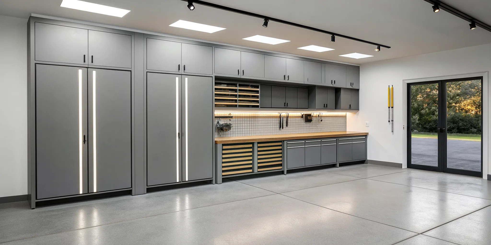 Modern garage with a gray cabinet design and integrated workbench for smart organization.