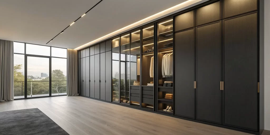 Modern built-in wardrobe design with dark wood, glass doors, and integrated lighting for maximum storage.