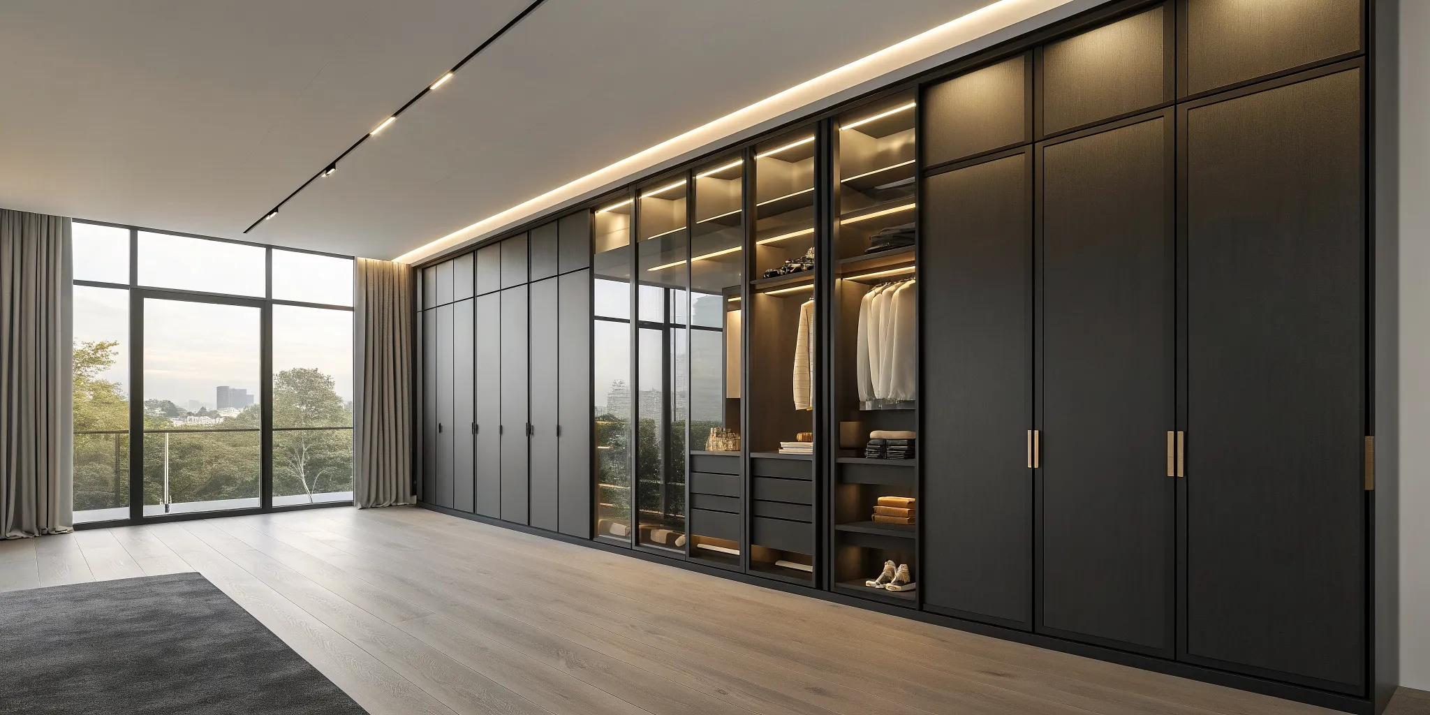 Modern built-in wardrobe design with dark wood, glass doors, and integrated lighting for maximum storage.