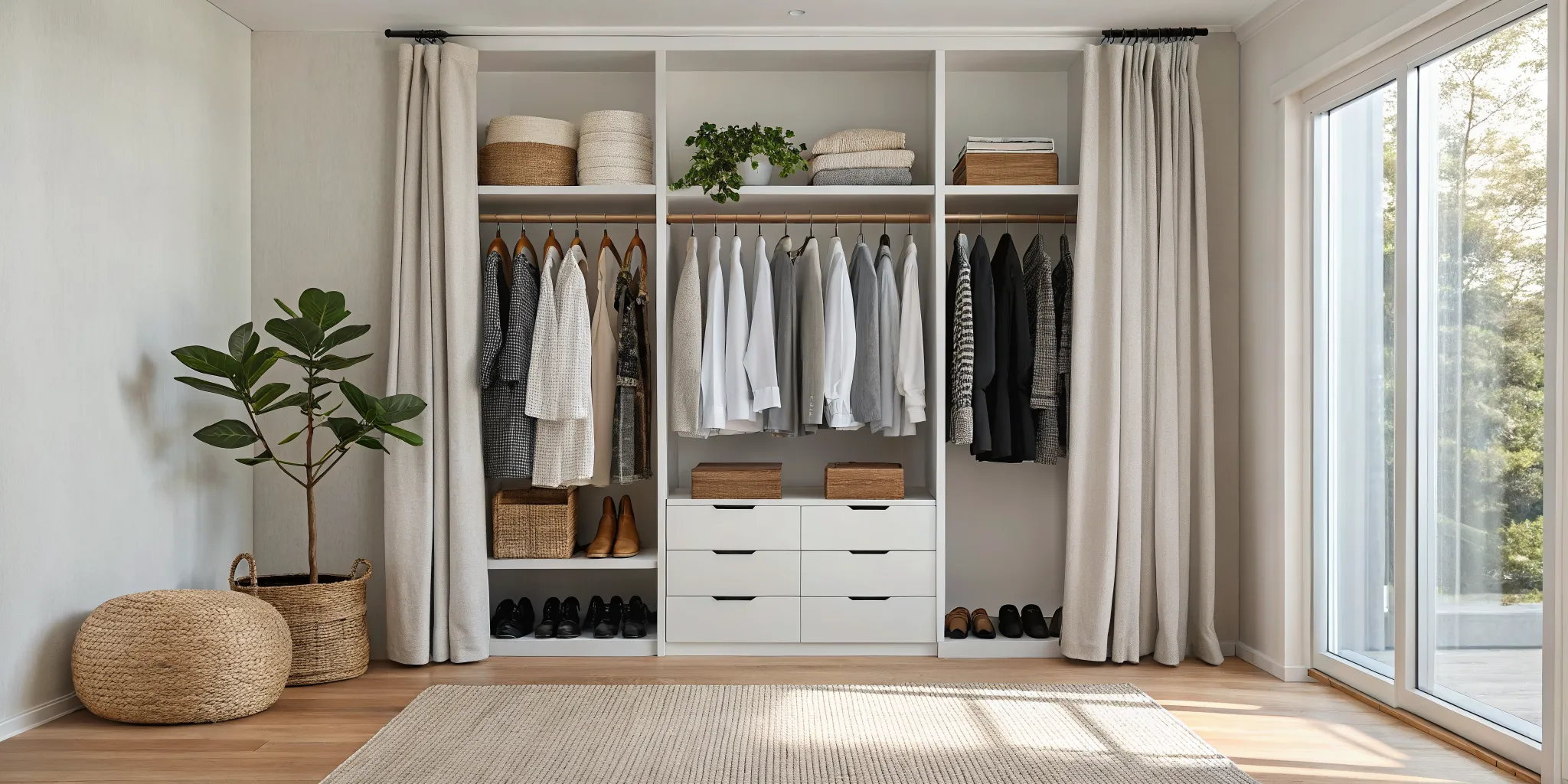 A clever wardrobe solution for a small bedroom with organized hanging space, drawers, and shoe storage.