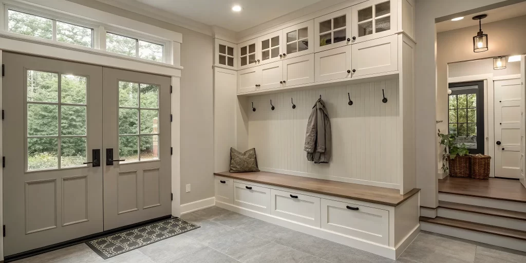 A stylish corner mudroom idea with a built-in bench, hooks, and cubbies for entryway organization.