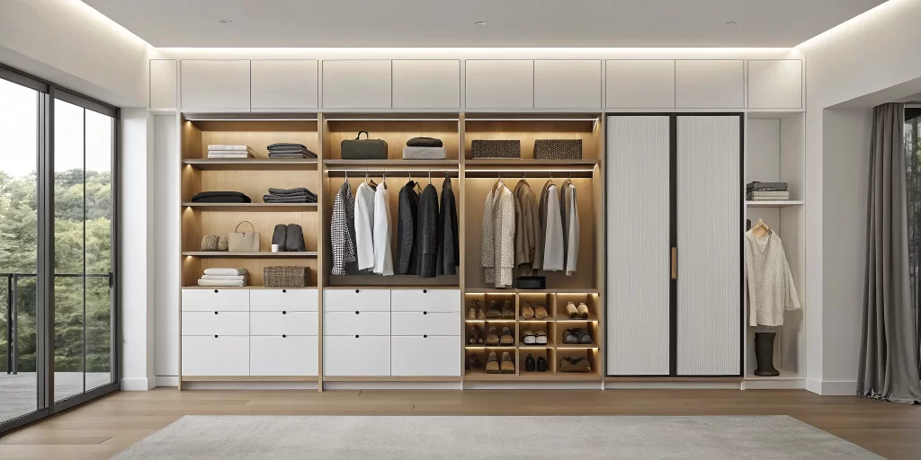 A top rated closet system with custom shelving, drawers, and organized hanging space.