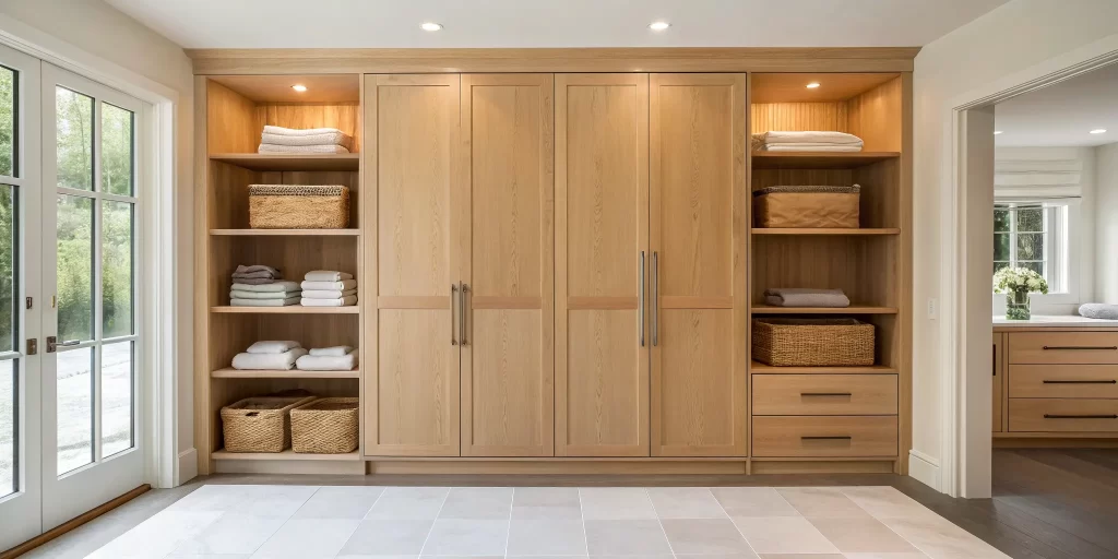 Modern custom linen cabinet with drawers, open shelves, and baskets for organized storage.