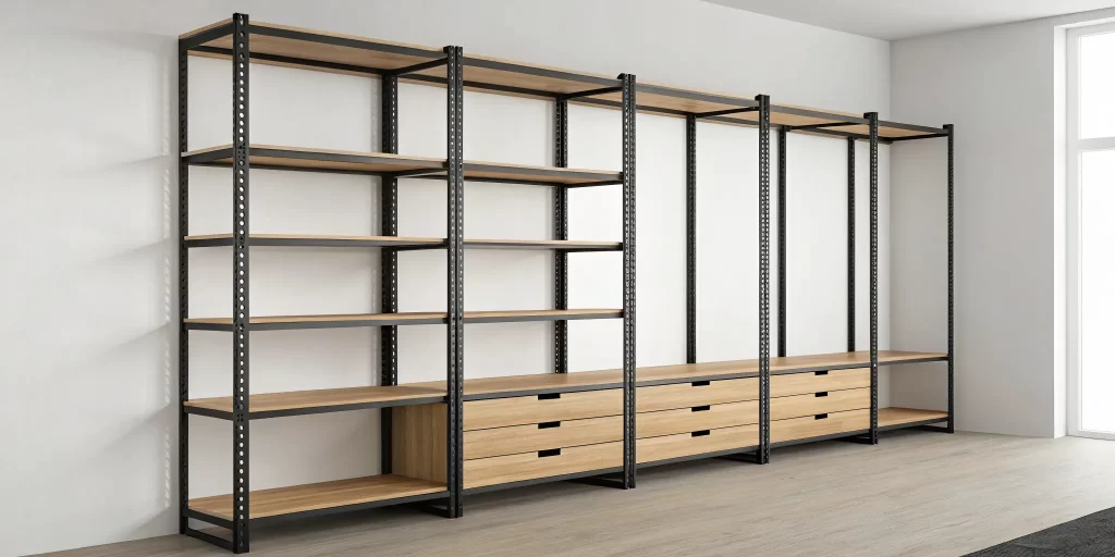 A well-organized closet with an adjustable shelving system and wood shelves.
