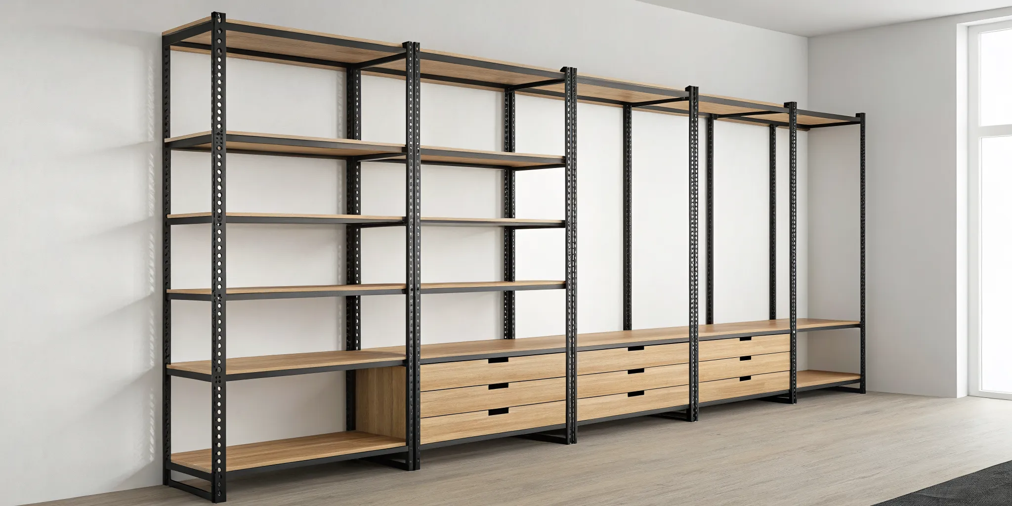 A well-organized closet with an adjustable shelving system and wood shelves.