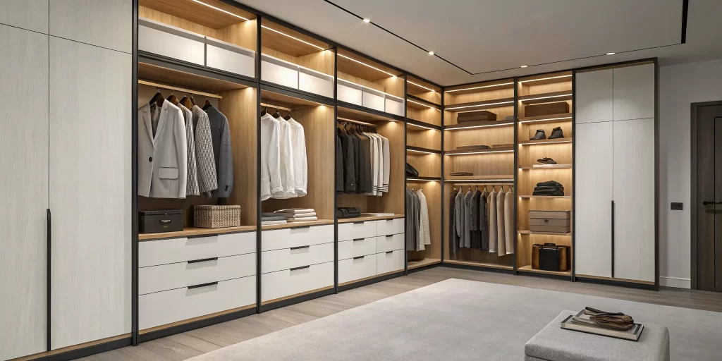 A modern built in closet system with custom shelving, drawers, and integrated lighting.