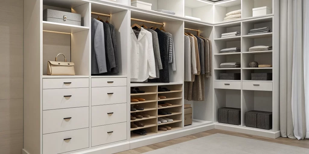 A well-organized closet with a modern shelving system, drawers, and hanging space.