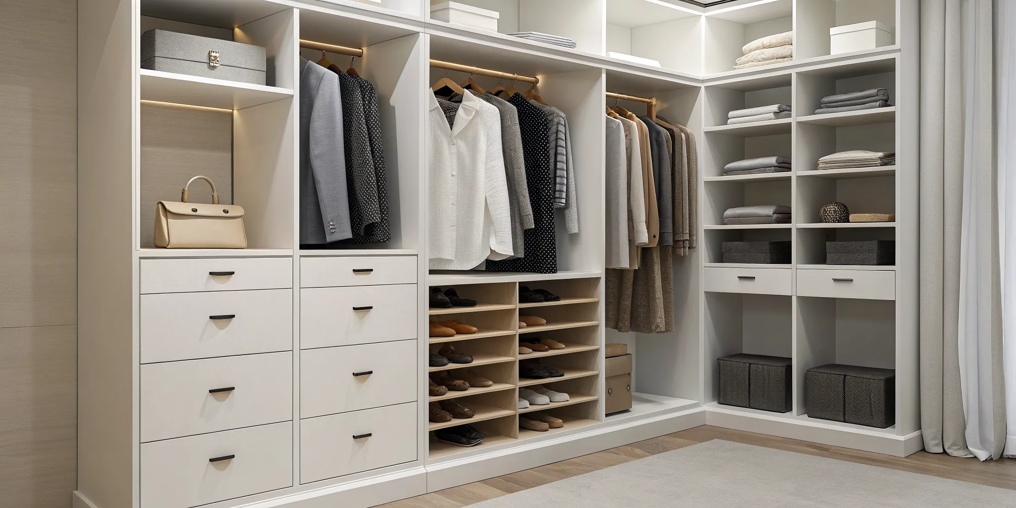 A well-organized closet with a modern shelving system, drawers, and hanging space.