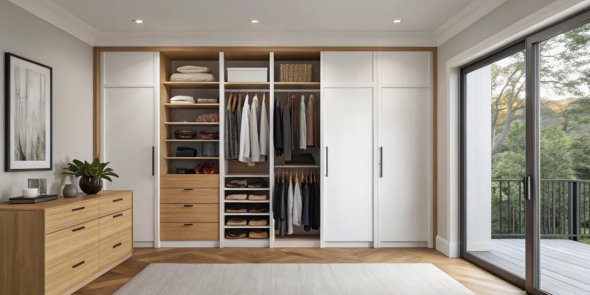 Custom reach-in closet system with organized shelves, hanging rods, and drawers.
