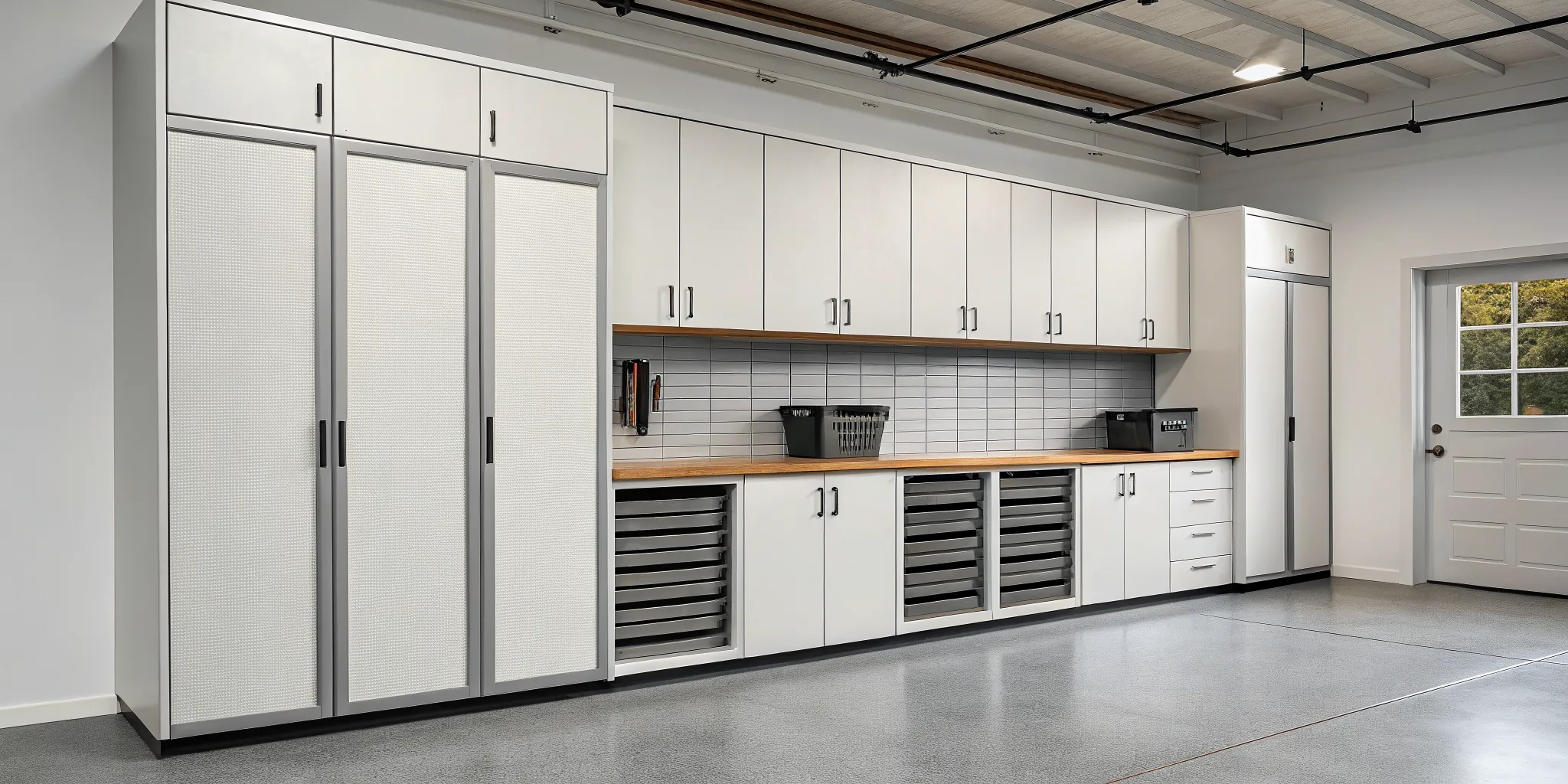 Custom garage storage cabinets in a clean white finish with wood countertops for maximum organization.