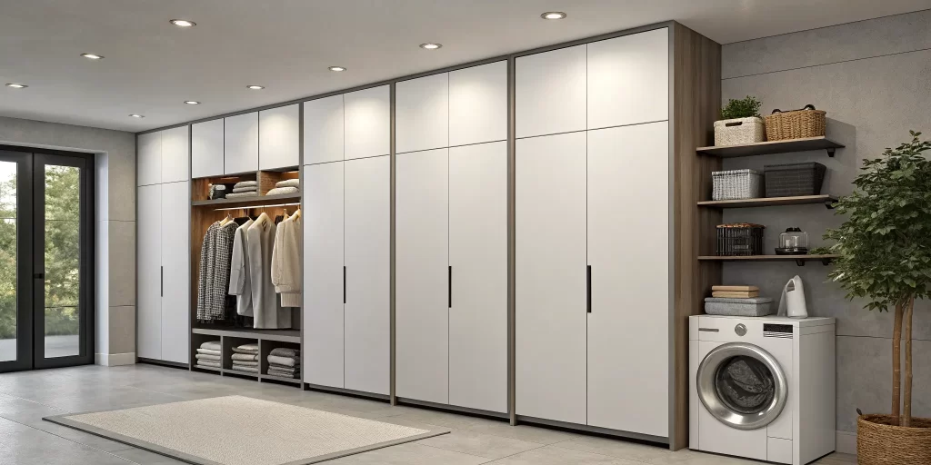 Tall storage cabinets for an organized and modern laundry room.