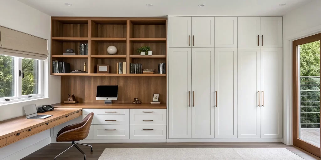 Well-organized home office with custom built-in cabinets and shelves.