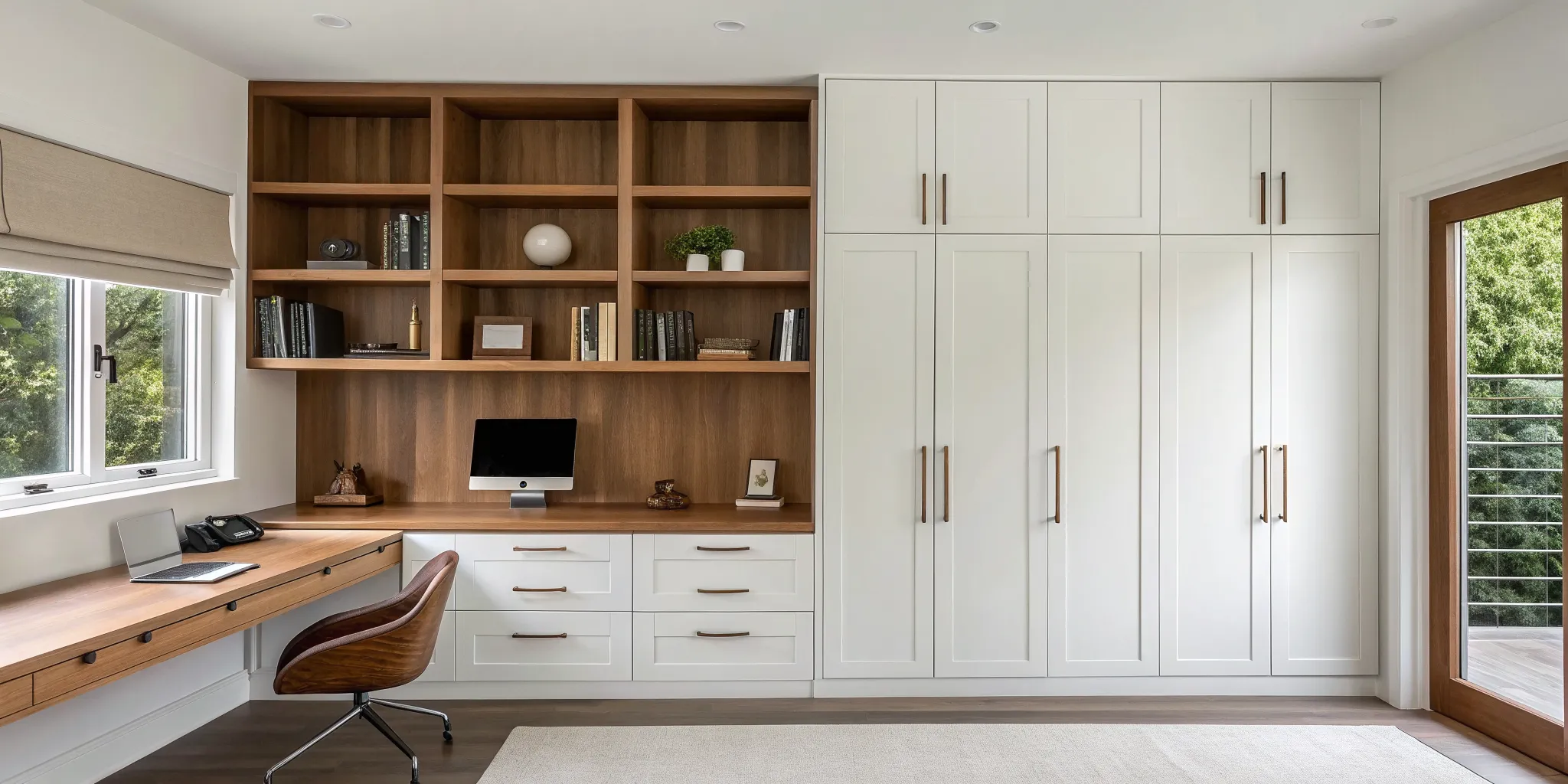 Well-organized home office with custom built-in cabinets and shelves.