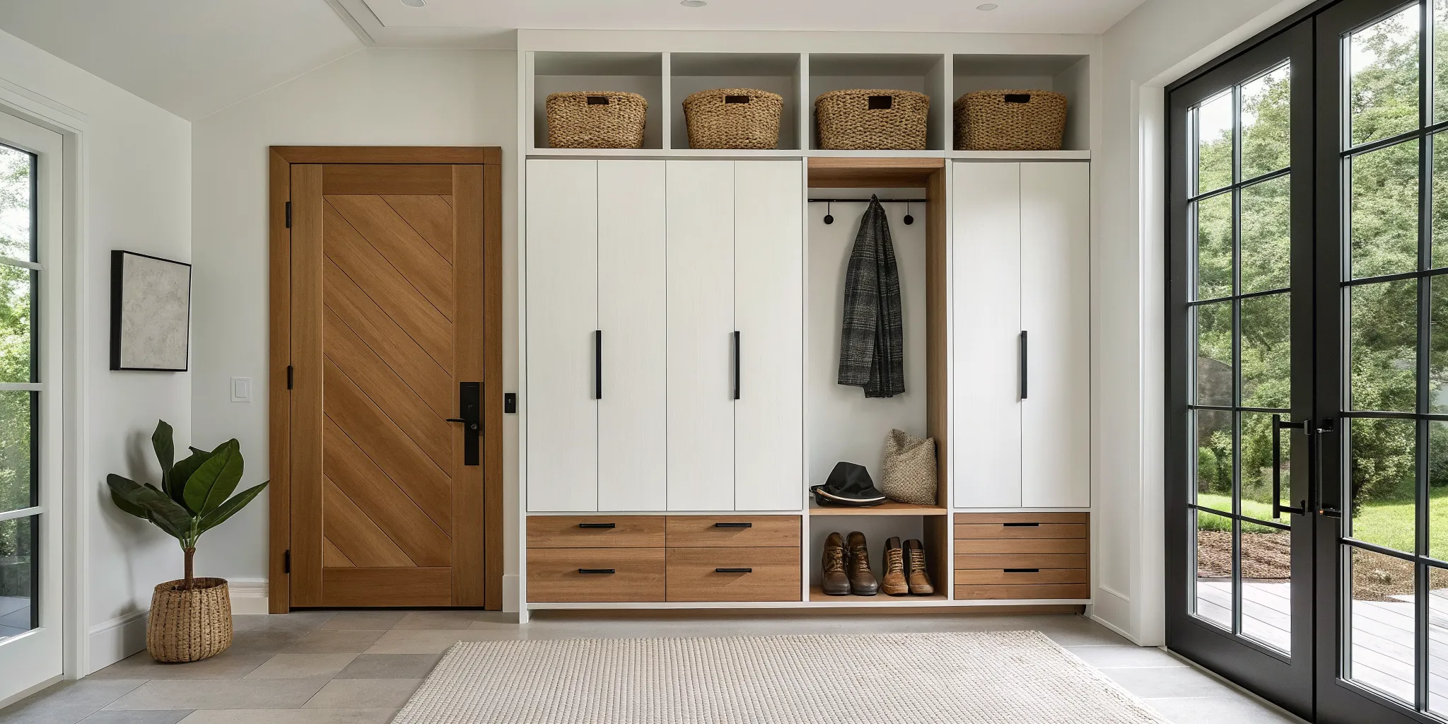 A modern entryway storage cabinet with built-in shoe cubbies, coat hooks, and baskets.