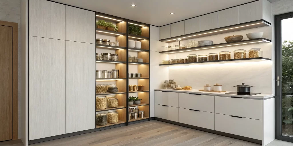 An organized corner pantry with custom shelving systems designed to maximize kitchen storage.