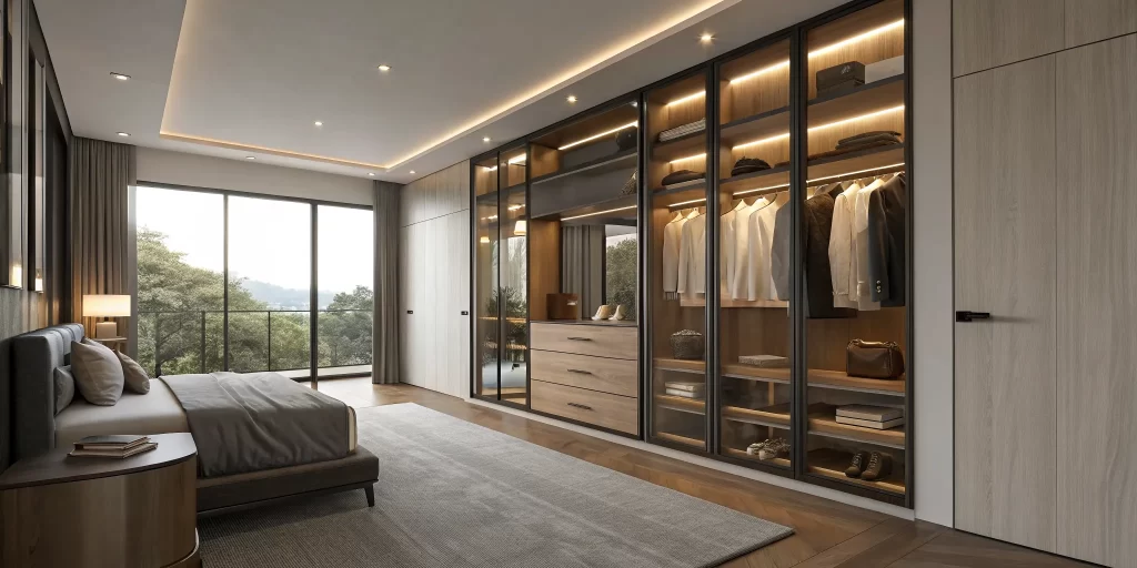 Modern bedroom closet ideas with a minimalist design, glass doors, and integrated LED lighting.