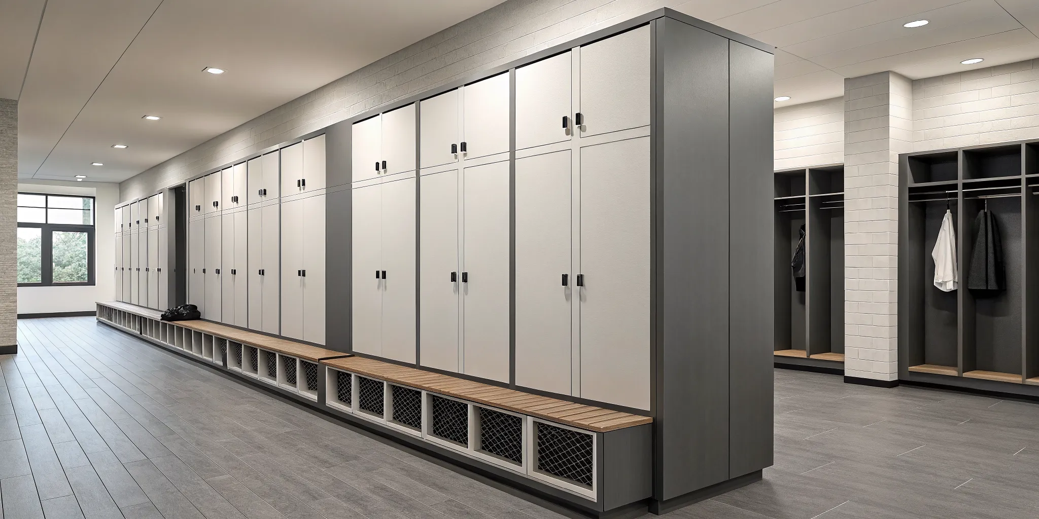 Modern mudroom lockers with doors and a built-in bench for organized storage.