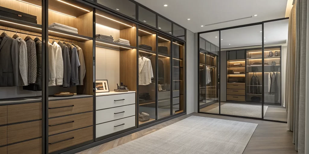 Luxury walk-in closet installation with custom features that influence the final cost.