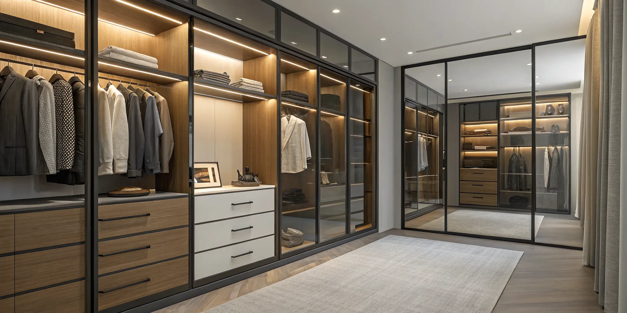 Luxury walk-in closet installation with custom features that influence the final cost.
