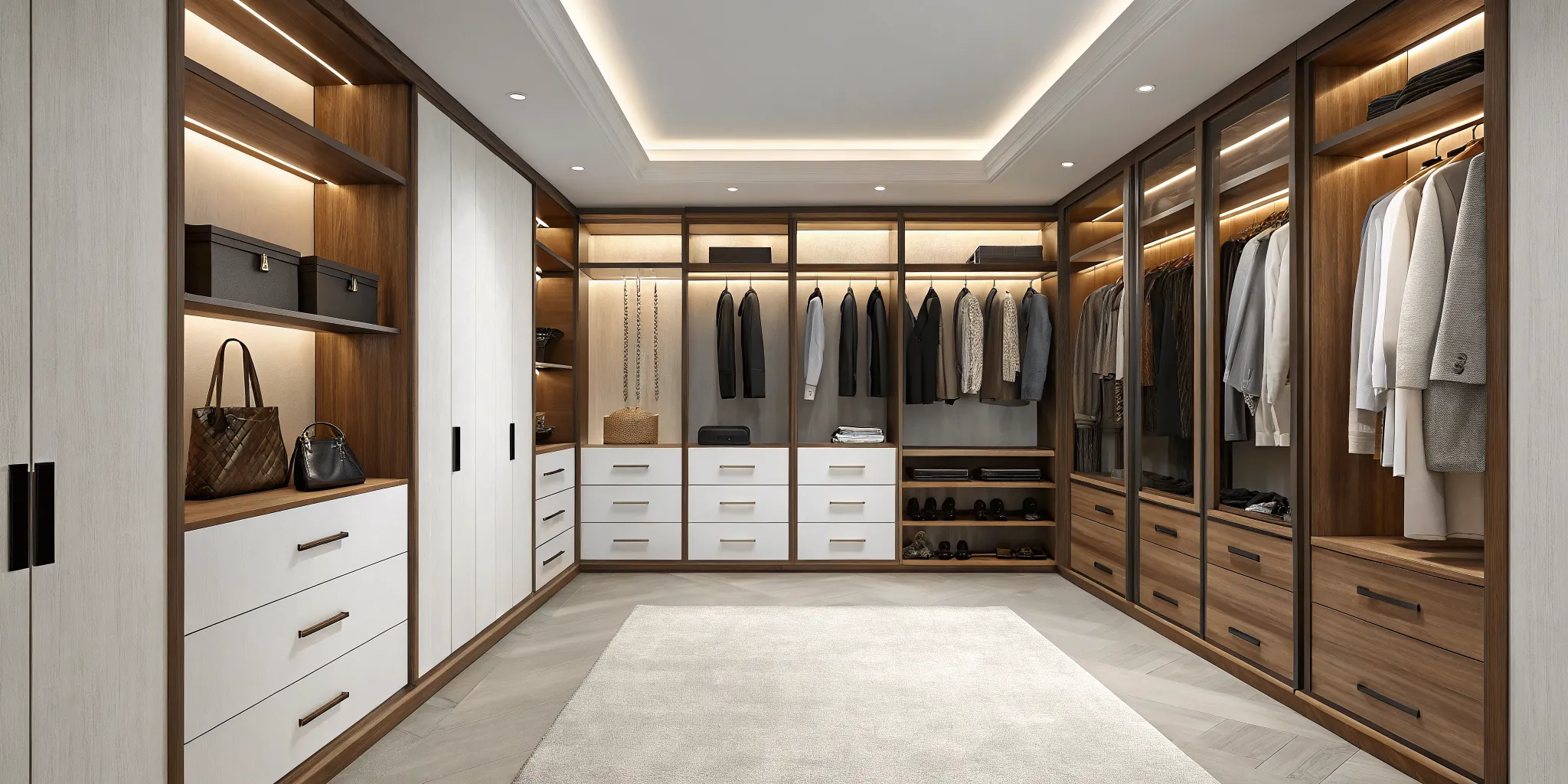 A custom closet with wood finishes and organizers that determine the cost per square foot.