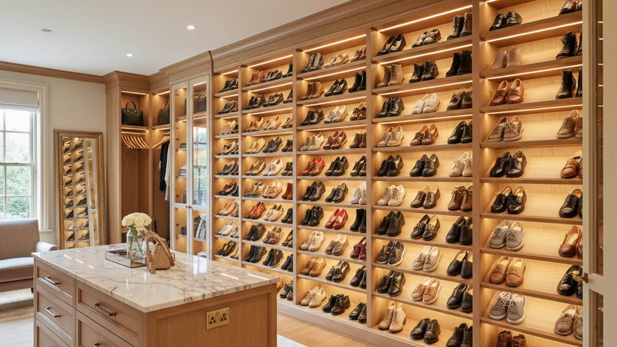 Custom walk-in closet with built-in shoe storage shelves and LED lighting