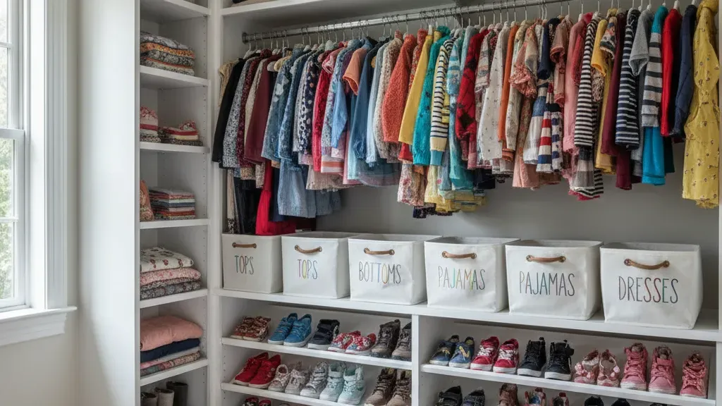 A well-organized custom kids closet with adjustable shelving and colorful children's clothes
