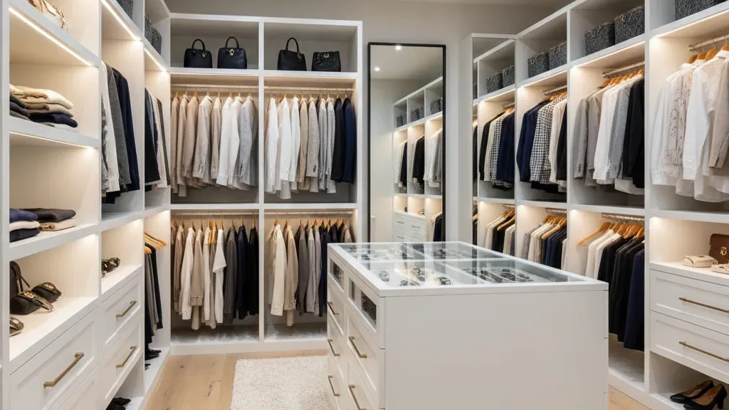 Walk-in closet with warm LED lighting illuminating shelves and hanging areas