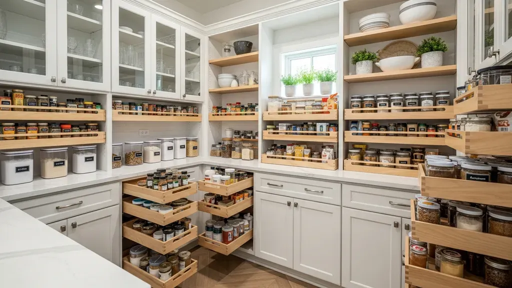 Modern kitchen pantry cabinet with open doors showing organized shelves and storage containers