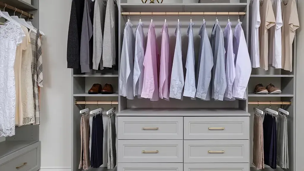 Custom bedroom closet system with shelves, hanging sections, and drawers