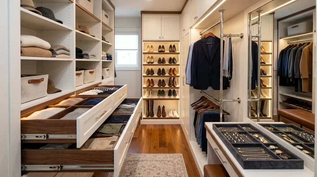 Luxury walk-in closet with custom accessories including divided wooden drawers, built-in shoe shelves, chrome valet rods, and velvet-lined jewelry trays with warm ambient lighting