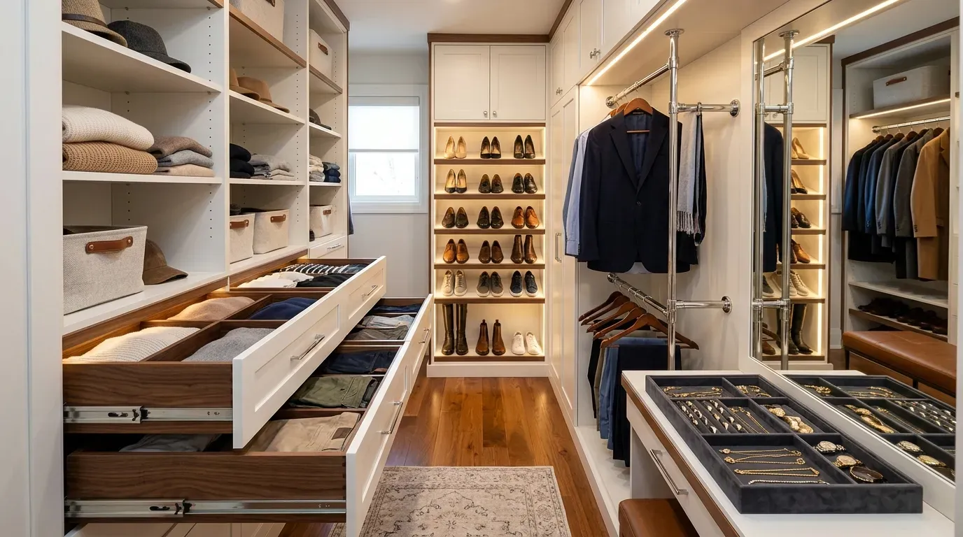 Luxury walk-in closet with custom accessories including divided wooden drawers, built-in shoe shelves, chrome valet rods, and velvet-lined jewelry trays with warm ambient lighting